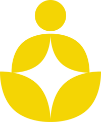 Essuntials™ yellow logo in the shape of a person in the lotus position in yoga, with a circle, leaf-like shapes, and a diamond in the center